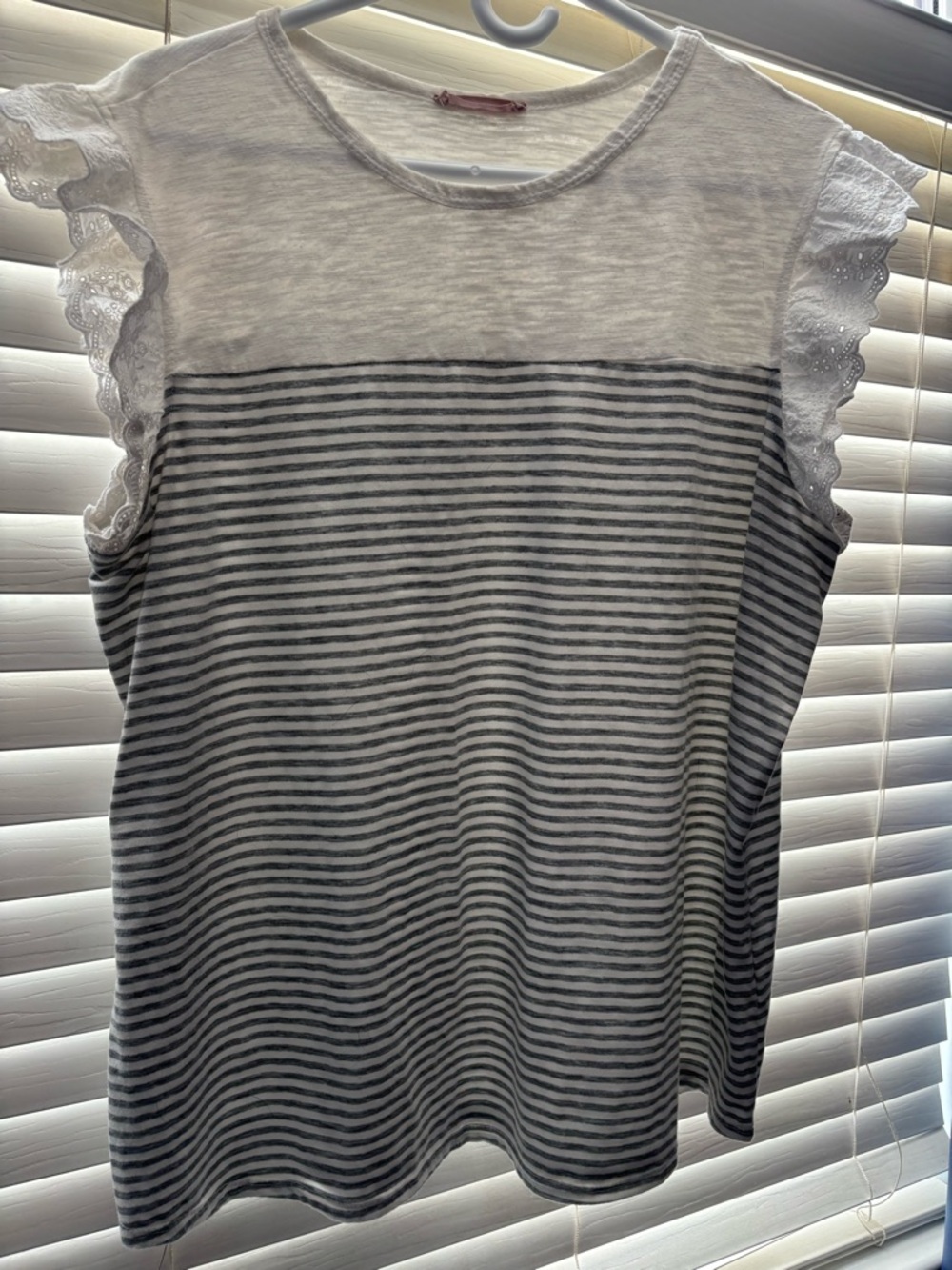 Striped Short Sleeve Lace-Trim Top